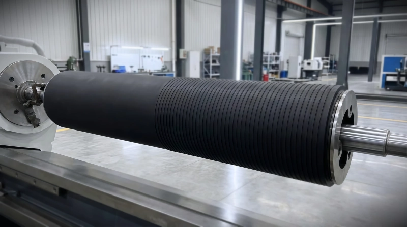 Precision grooved rubber roller surface with custom texturing pattern