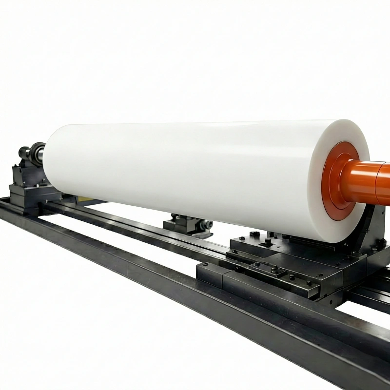 White liquid silicone rubber LSR roller designed for film and textile manufacturing machinery.