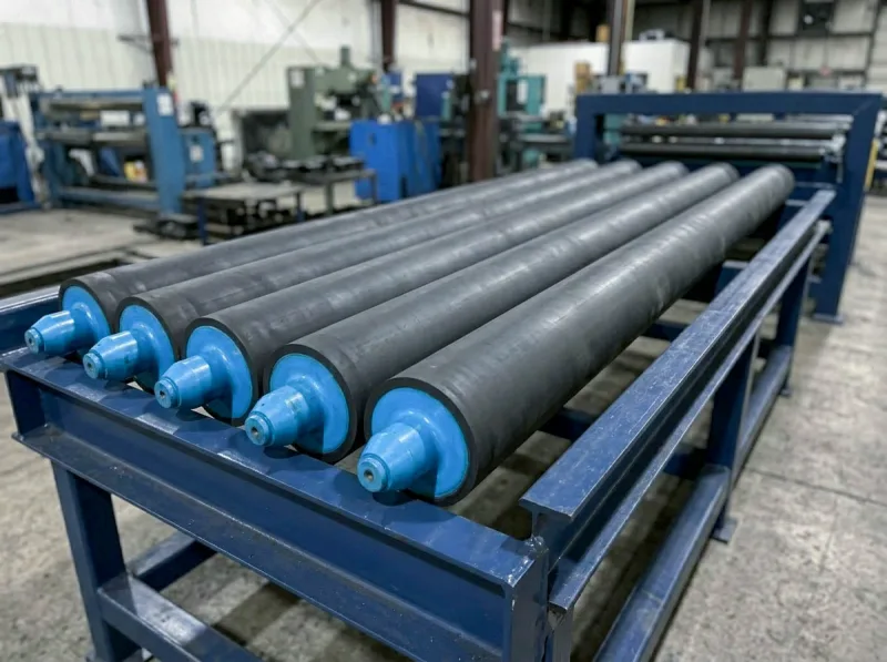 industrial rubber rollers on a metal rack