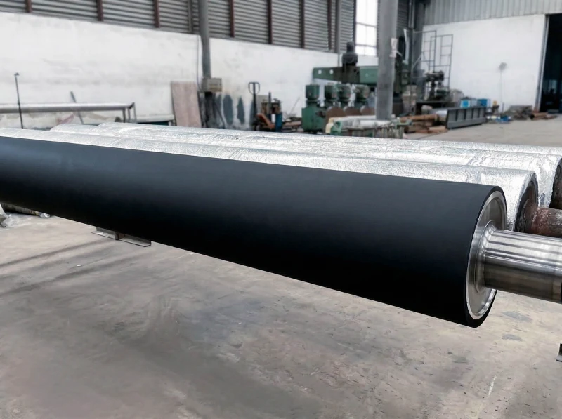 Black industrial rubber roller with steel shaft