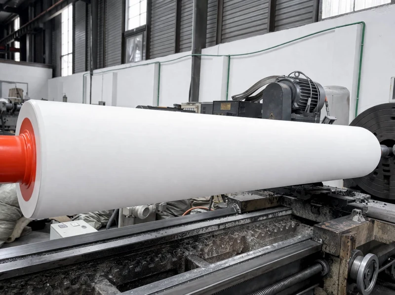 White industrial roller on machining machine