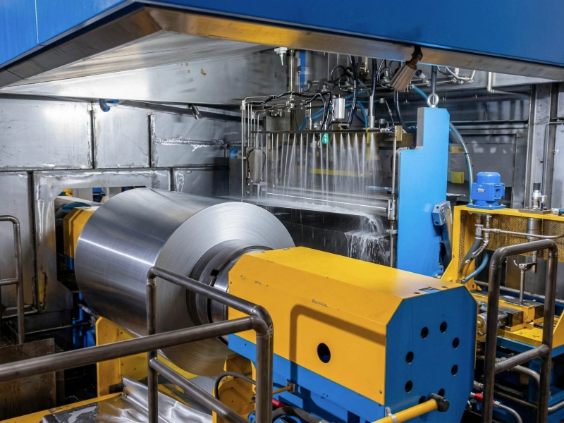 Aluminum foil coil running through an industrial spray processing line