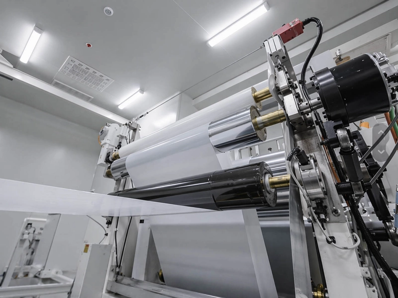 Battery separator film running through precision rollers