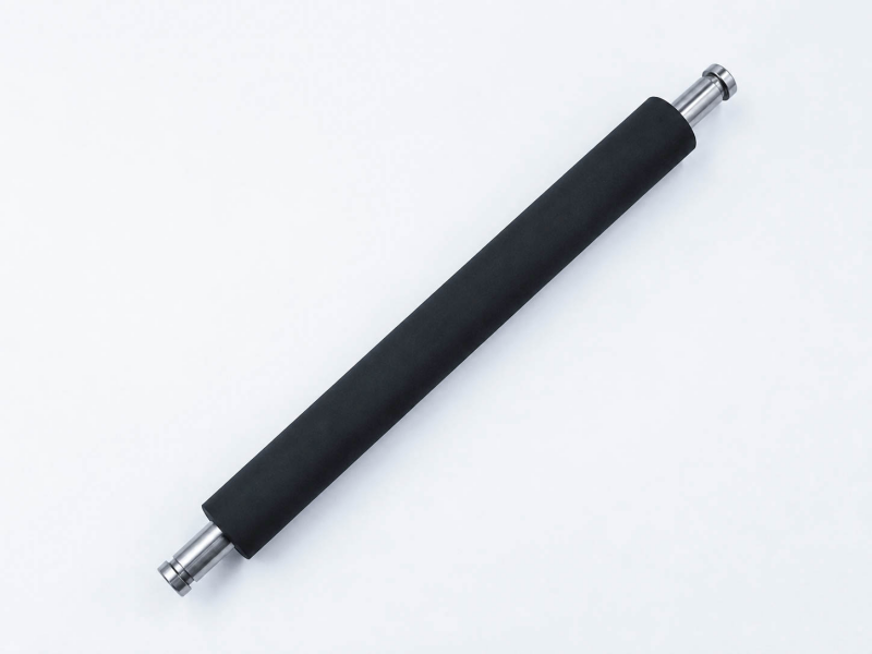 Black rubber pressure roller with machined steel shaft ends