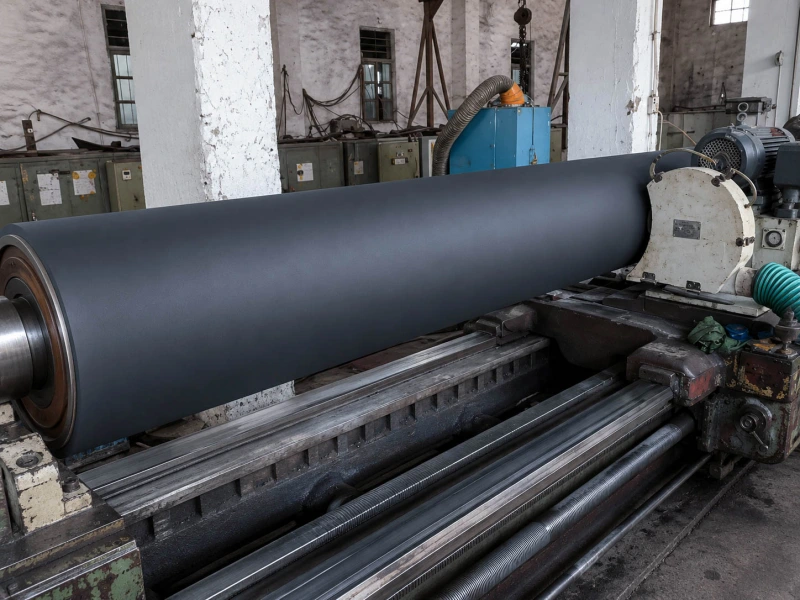Black rubber traction roller mounted on a factory lathe