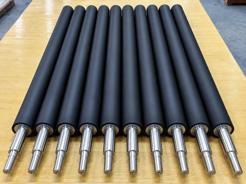 Black sticky cleaning rollers with polished steel shafts