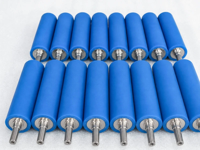 Blue polyurethane rollers with machined steel shafts