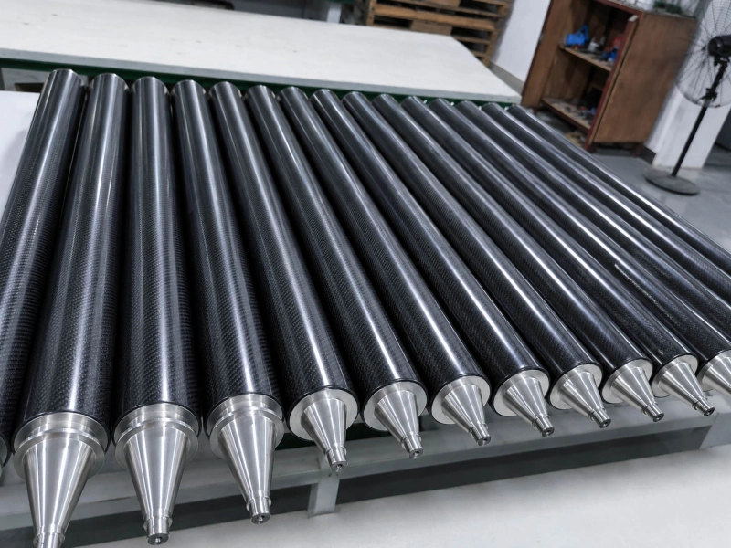 Carbon fiber guide rollers with machined steel shaft ends