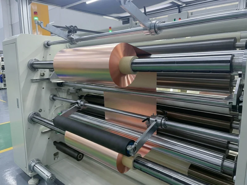 Copper foil web running through an industrial roller processing line