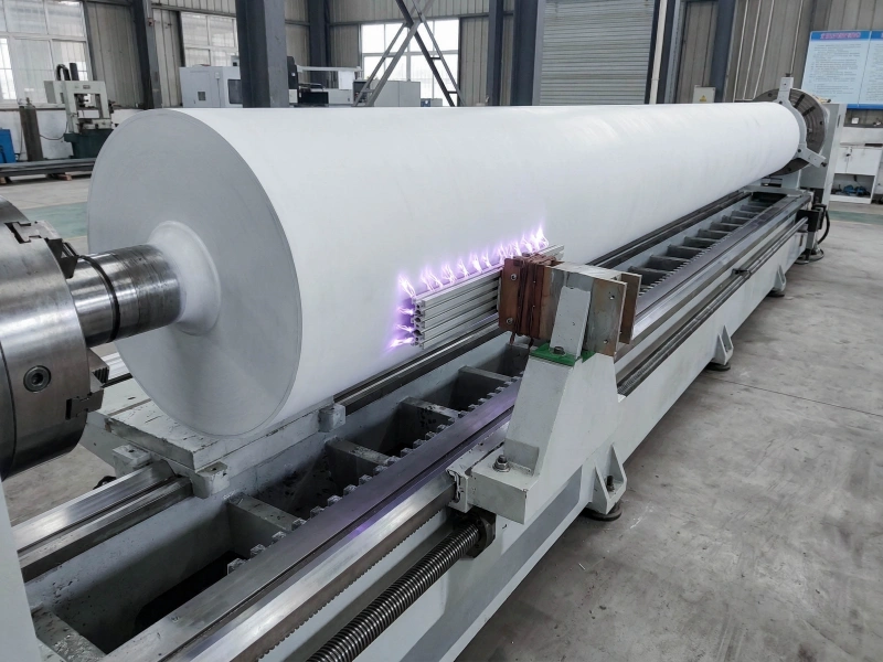 White corona treatment roller under plasma discharge testing