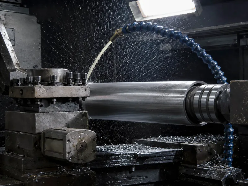 Metal drive roller being machined with coolant on a lathe