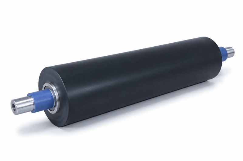 Black EPDM rubber roller with machined steel shafts