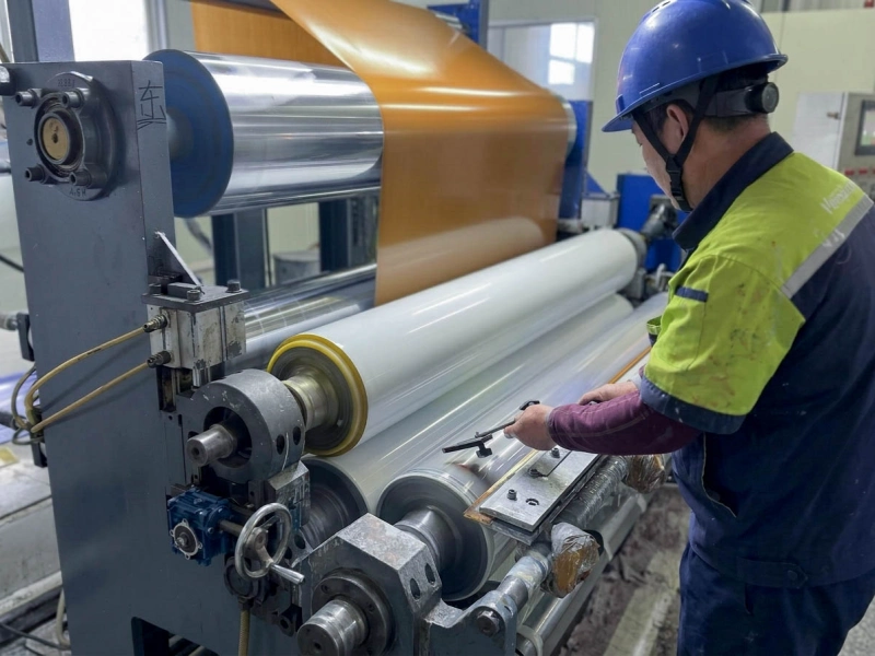 Worker adjusting a white rubber roller on a film laminating line