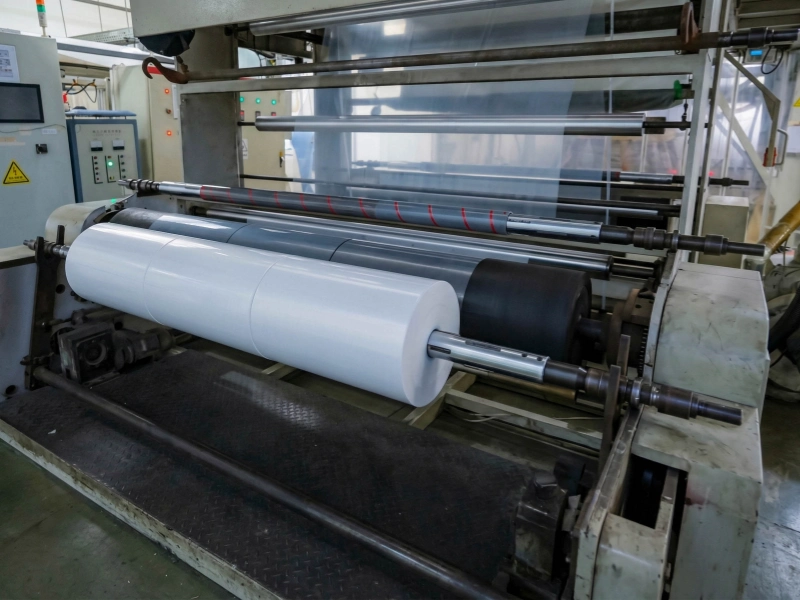 White film roll running through a slitting and rewinding machine