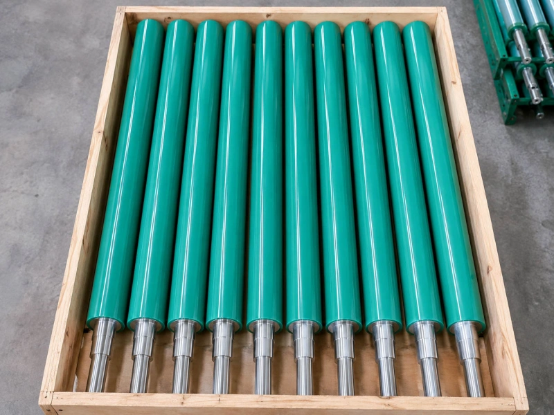 Green cleaning rollers packed in a wooden crate