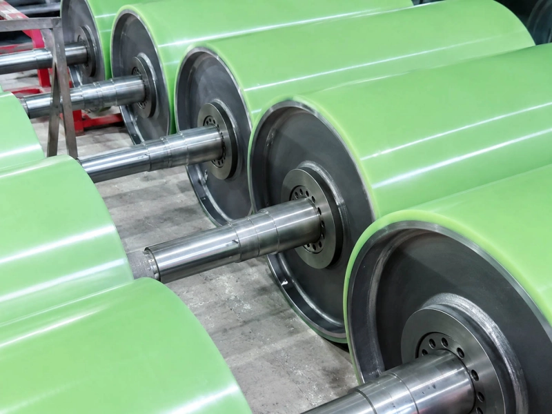 Green polyurethane rollers with machined steel shaft ends