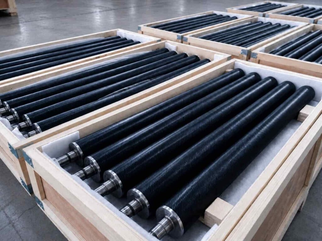 Black grooved rubber rollers packed in wooden crates
