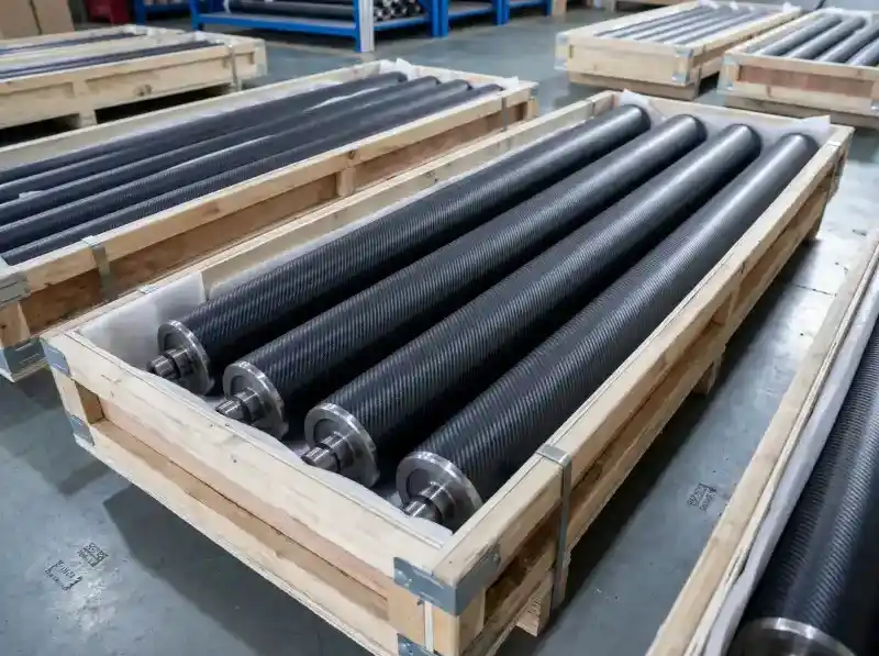 Black grooved rubber rollers packed in wooden crates