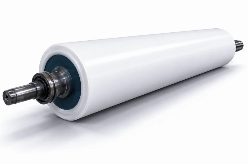 White liquid silicone rubber roller with machined steel shafts