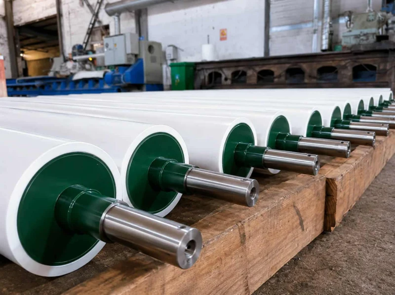 White liquid silicone rubber rollers with machined steel shafts