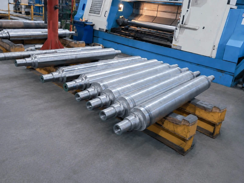 Machined metal drive rollers arranged near a CNC lathe
