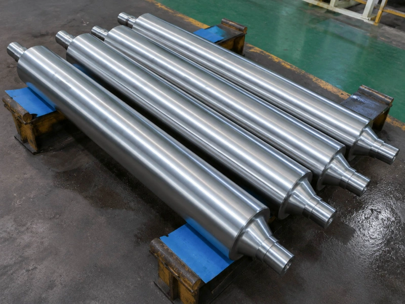 Polished metal drive rollers arranged on factory support stands