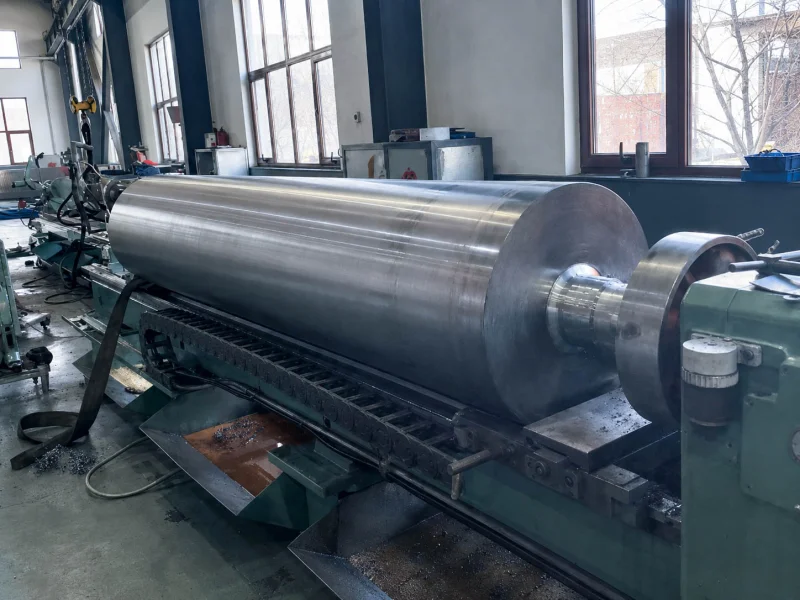 Large metal pressure roller being machined on a lathe