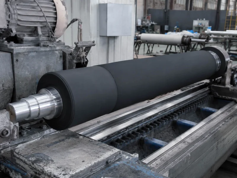Black NBR rubber squeeze roller on a roller lathe