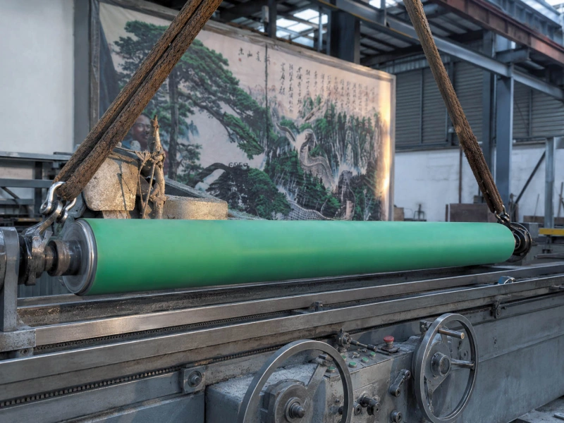 Green NBR squeeze roller mounted on a factory lathe