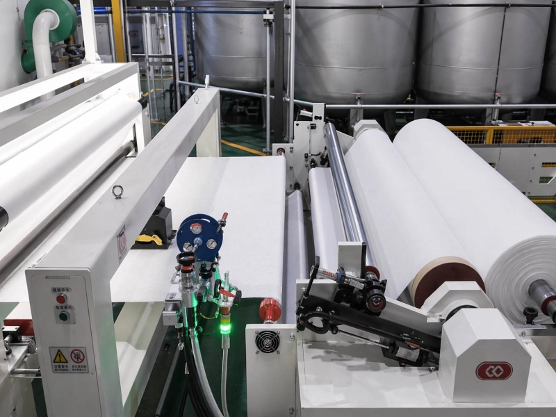 White nonwoven fabric running through an industrial roller production line