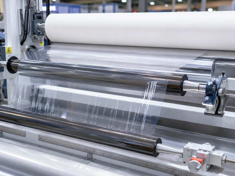 Optical film running through precision rollers on a polarizing film line