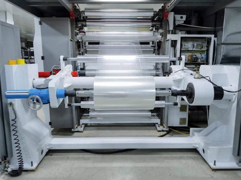 Clear plastic film being rewound on an industrial roller line