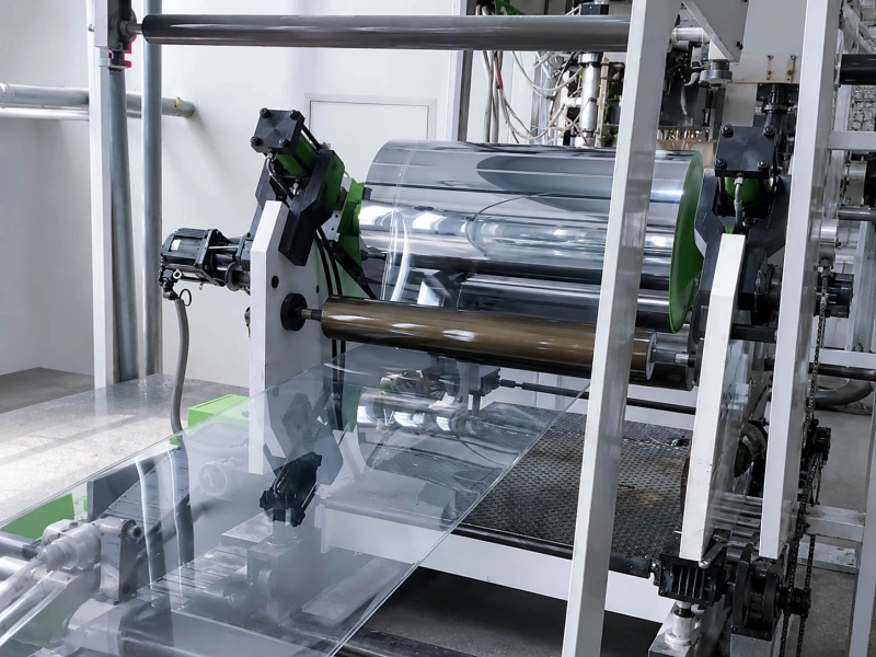Transparent plastic sheet running through an industrial roller line