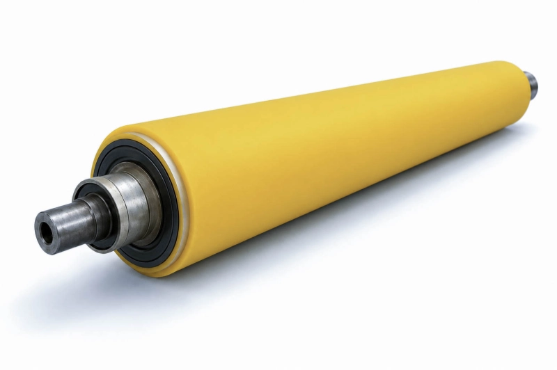 Yellow polyurethane rubber roller with machined steel shafts