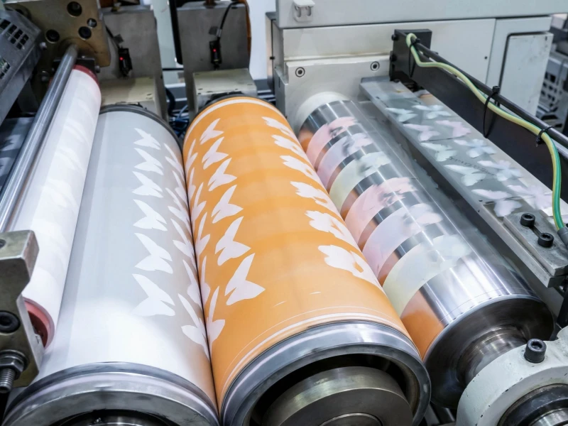 Printed film passing through industrial printing rollers