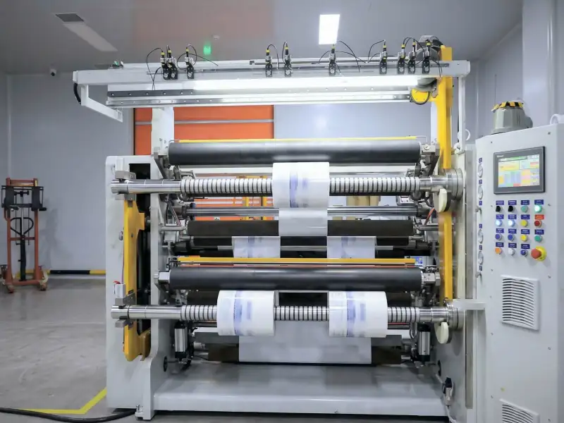 Printed film running through a slitting and rewinding machine