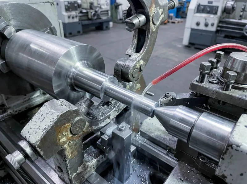 Metal roller shaft being machined on a lathe