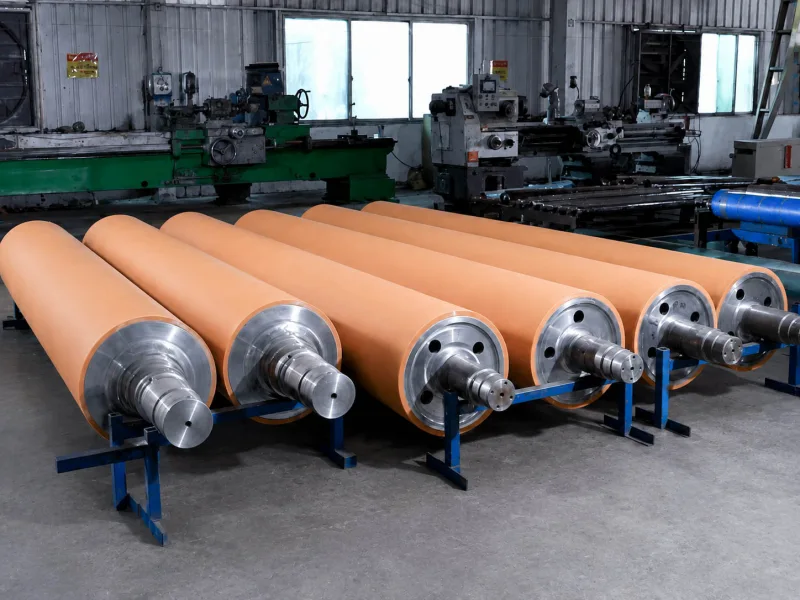 Orange rubber pinch rollers with machined steel shafts