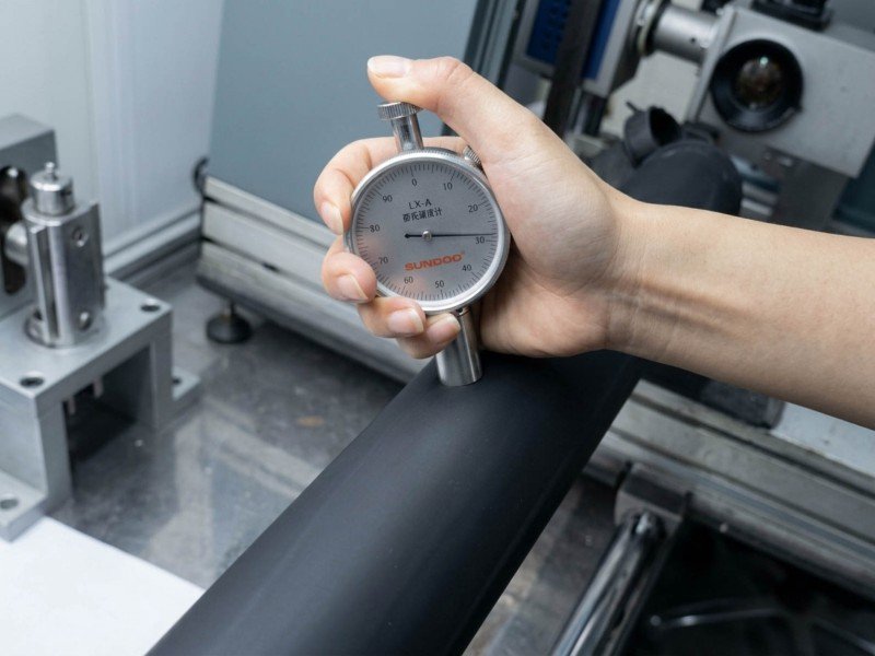 Black rubber roller hardness inspection with a Shore A durometer