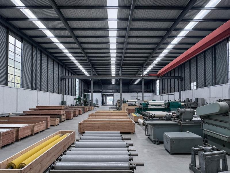Rubber rollers and wooden crates in a roller manufacturing workshop