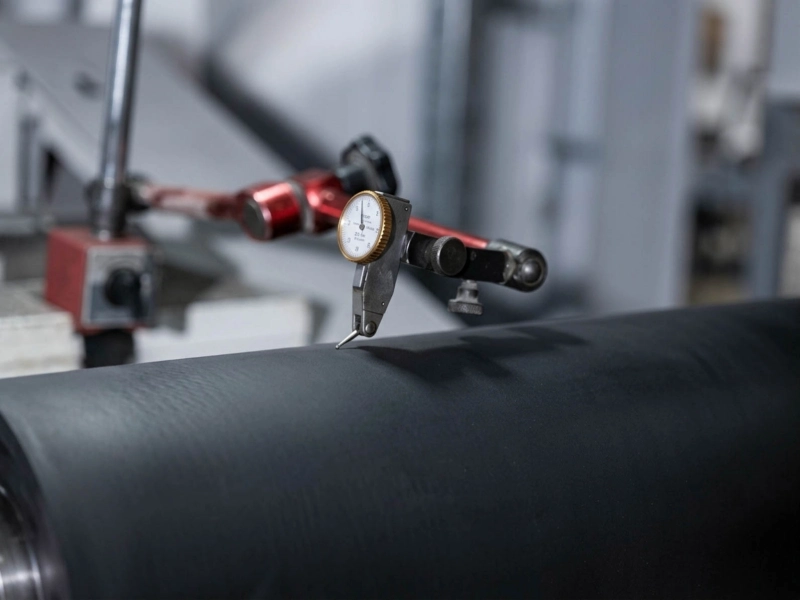 Black rubber roller runout inspection with a dial indicator