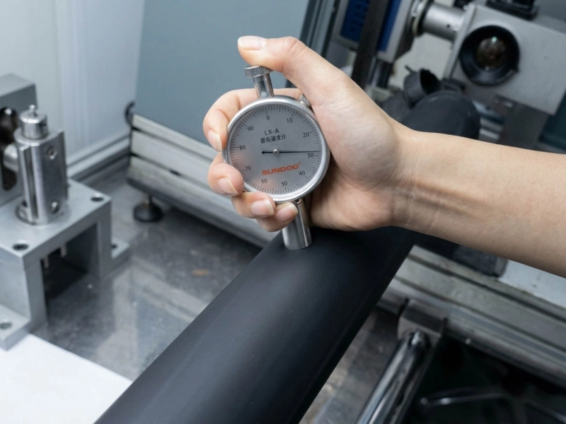 Black rubber roller undergoing Shore hardness testing