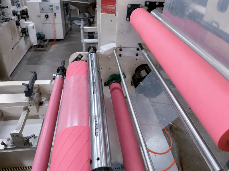 Pink rubber spreader rollers used in film handling equipment