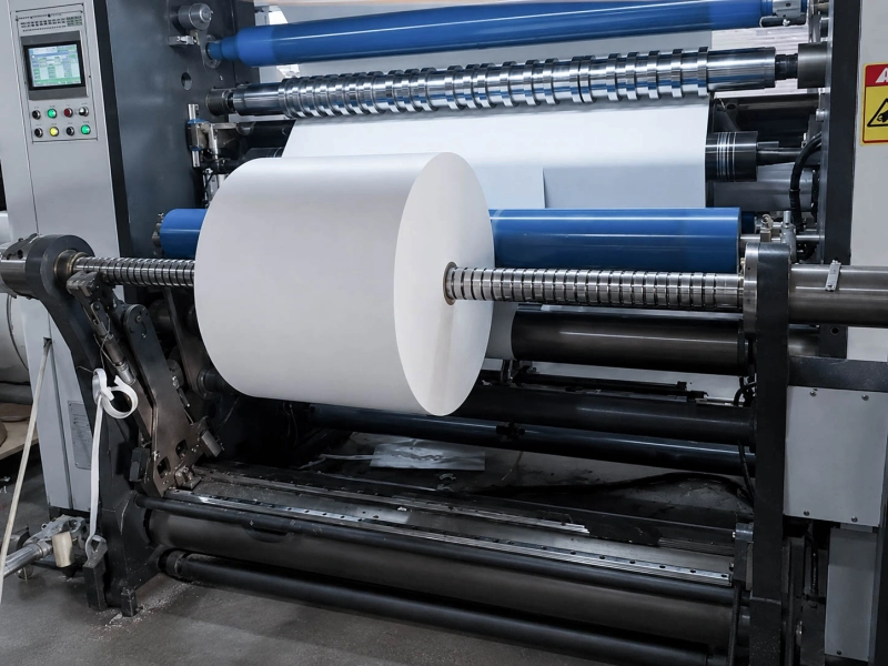 White web roll running through a slitting and rewinding machine