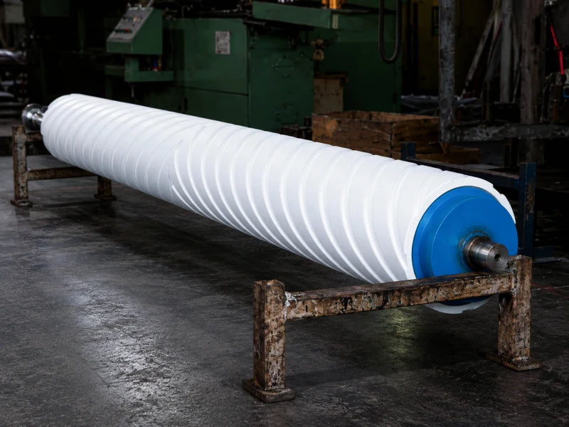 White spiral grooved rubber roller with blue end covers
