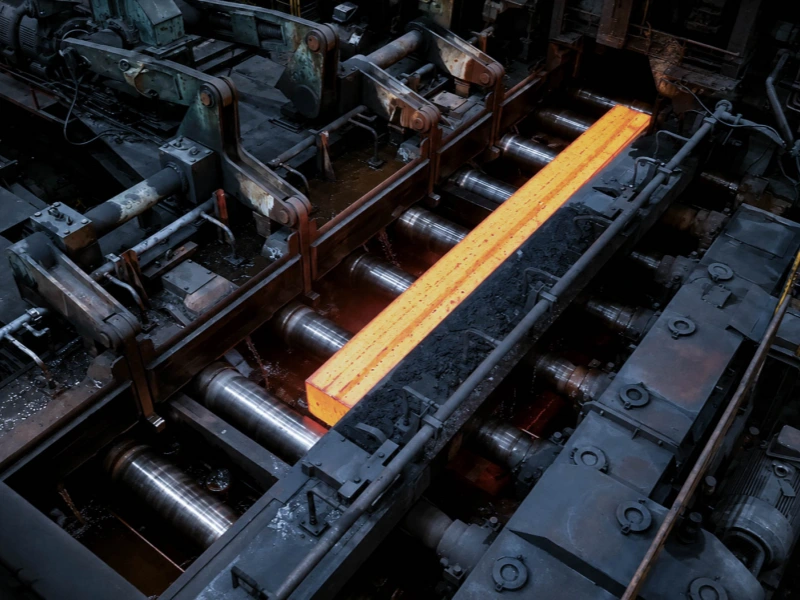 Hot steel billet moving through a metallurgical roller line