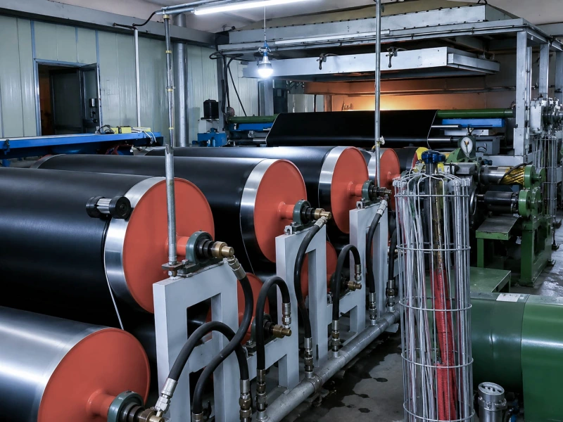 Synthetic leather sheet running through an industrial roller processing line