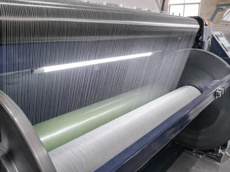 Textile yarn threads running over large industrial rollers