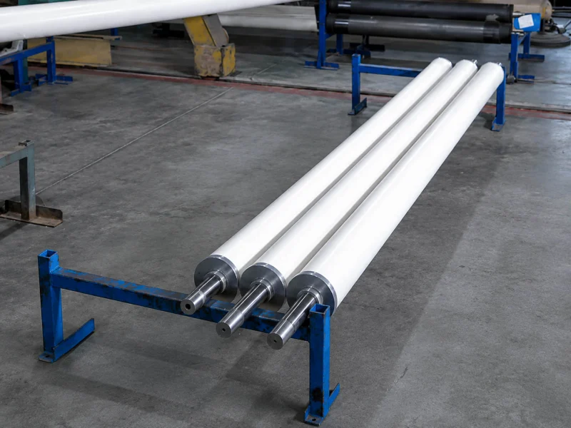 White rubber rollers with machined steel shafts on a factory stand