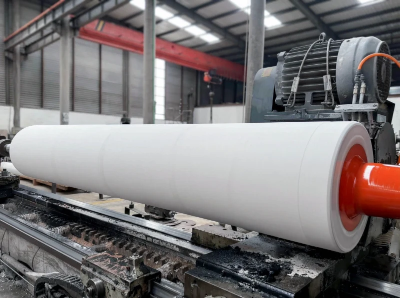 White rubber roller being ground on a roller lathe